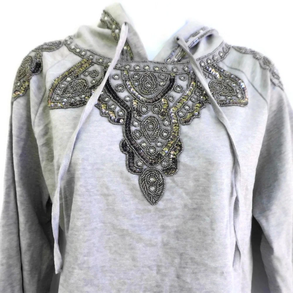 Love Sam Anthropologie Sweatshirt Hoodie Embellished Heavy Beads Heather Gray M